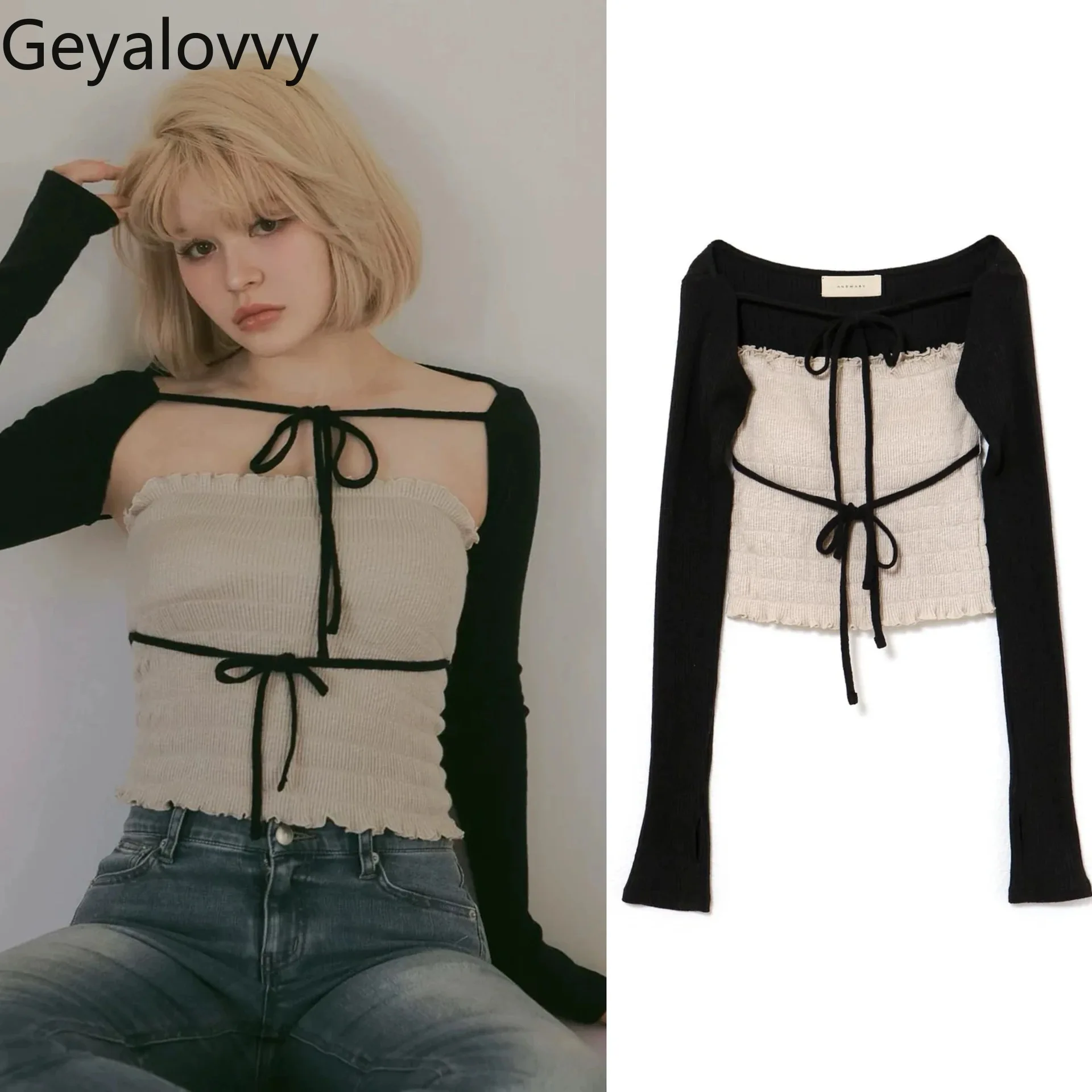 Japanese Style Elastic Tube Top Long Sleeve Knitted Blouse Lace-up Two-piece Set Knitting Shirt for Women Spring Autumn