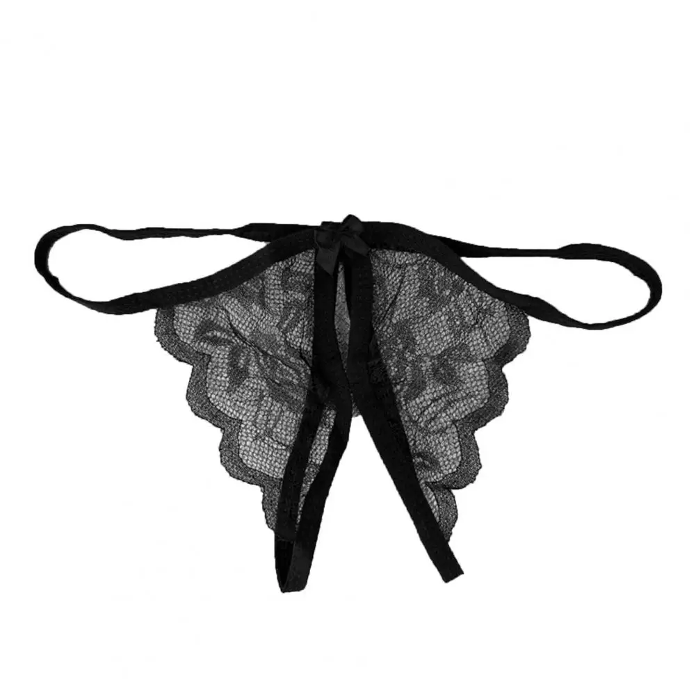 Bow-knot Decor Women Panties Lace Open Crotch See-through Thongs G-string Low Waist Thin Women Underwear