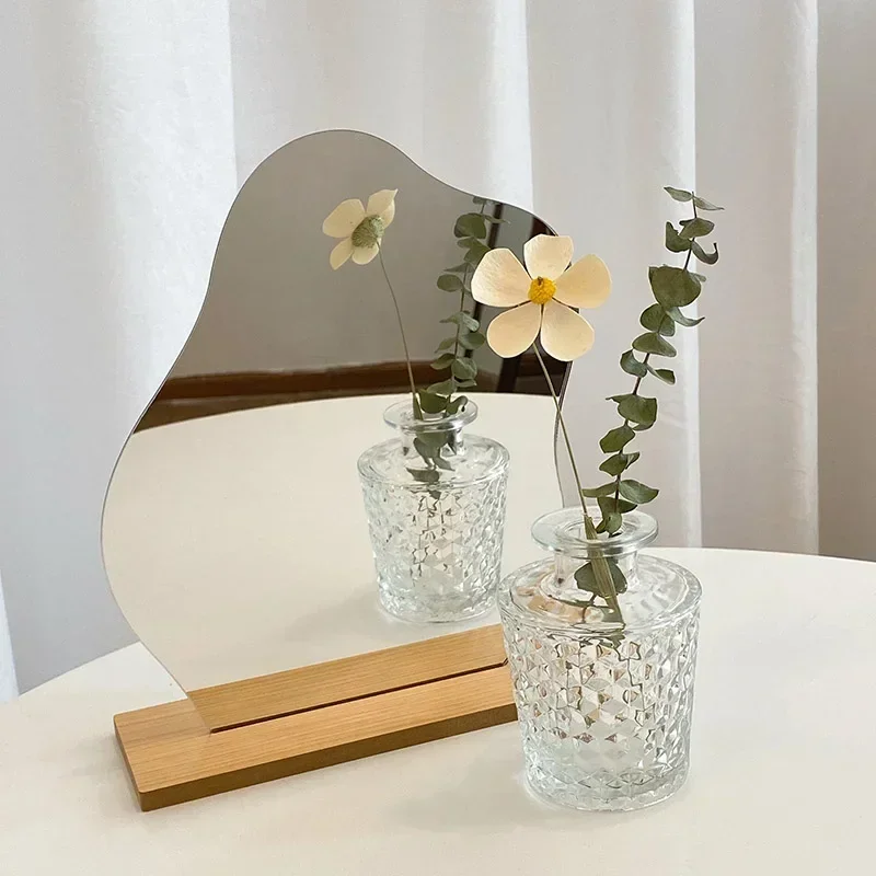 Ins Style Irregular Acrylic Makeup Mirror Desktop Cosmetic Mirror Girls Wooden Base Bedroom Living Room Tabletop Home Decoration