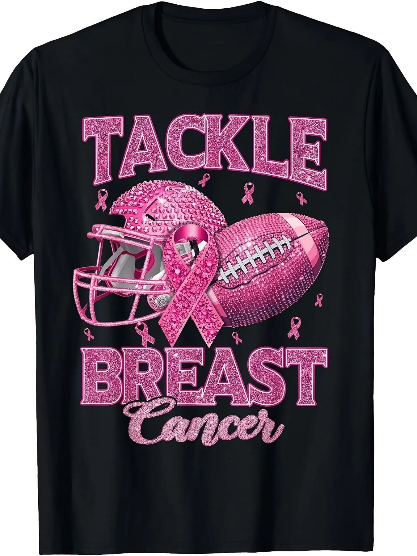 Men's Plus Size Football and Pink Ribbon Printed T-Shirt - Football Jersey with Promotional Ribbon, Loose Version Crew Neck Short Sleeve T-Shirt, Suitable for Daily Wear, Sporting Events, Year-Round Casual Top, Plus Size