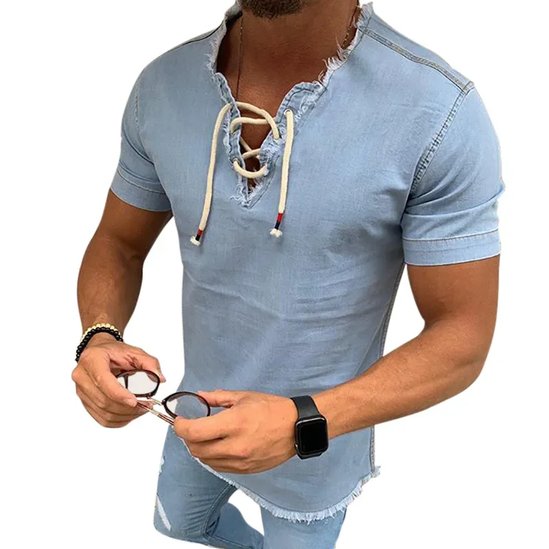 

New Trendy Men's Clothing for Summer in 2025 A Solid-color Short-sleeved T-shirt Top with A Drawstring V-neck Denim Shirt
