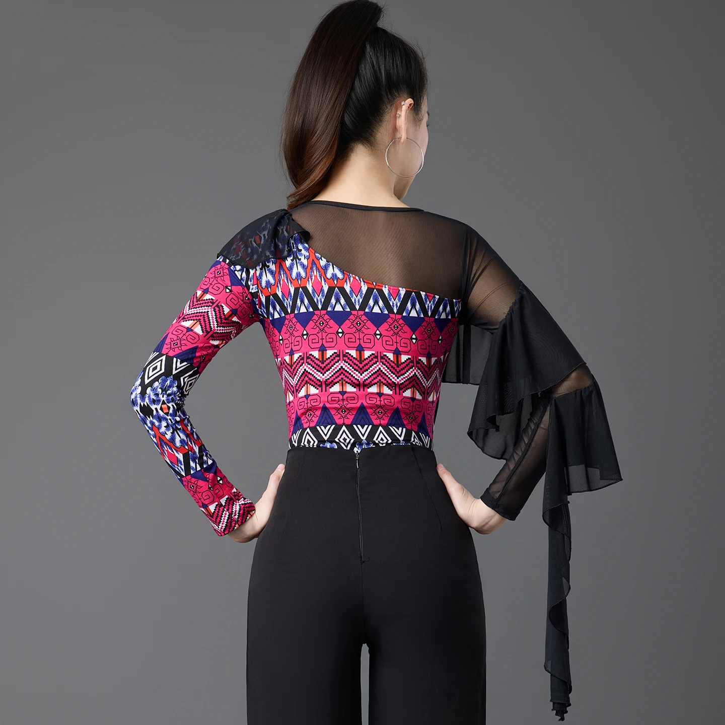 Neue Frauen Kleidung Drucken Mesh Rüschen Overall Latin Dance Top Nationalen Standard Chacha Rumba Tango Modern Dance Kostüme DQL12404