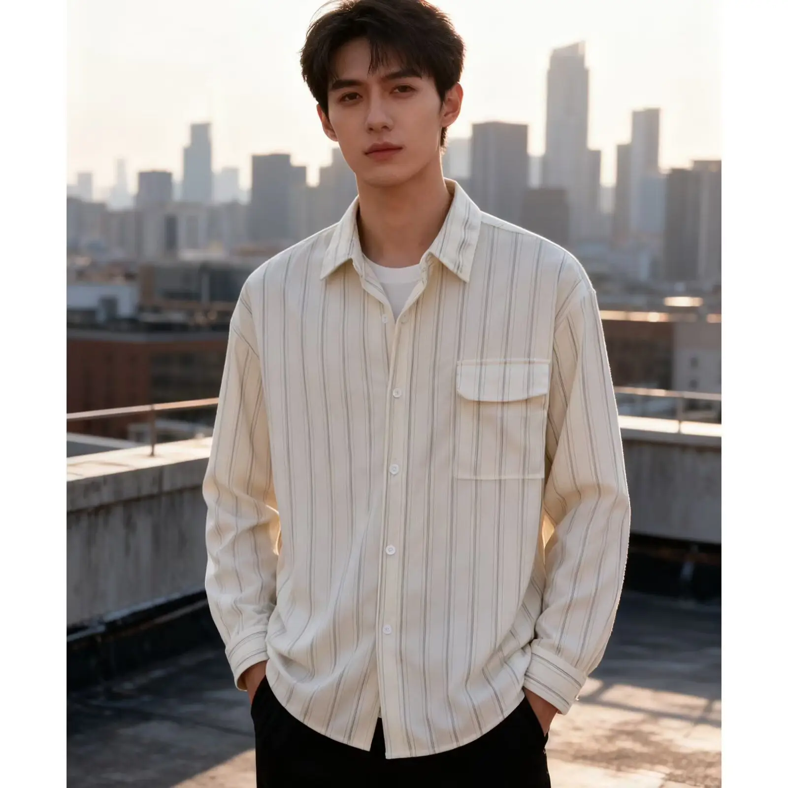 

Loose Long Sve Casual irt for Men Spring Autumn Faionable Versatile Leisure Outerwear Antibacterial Collar Open C...