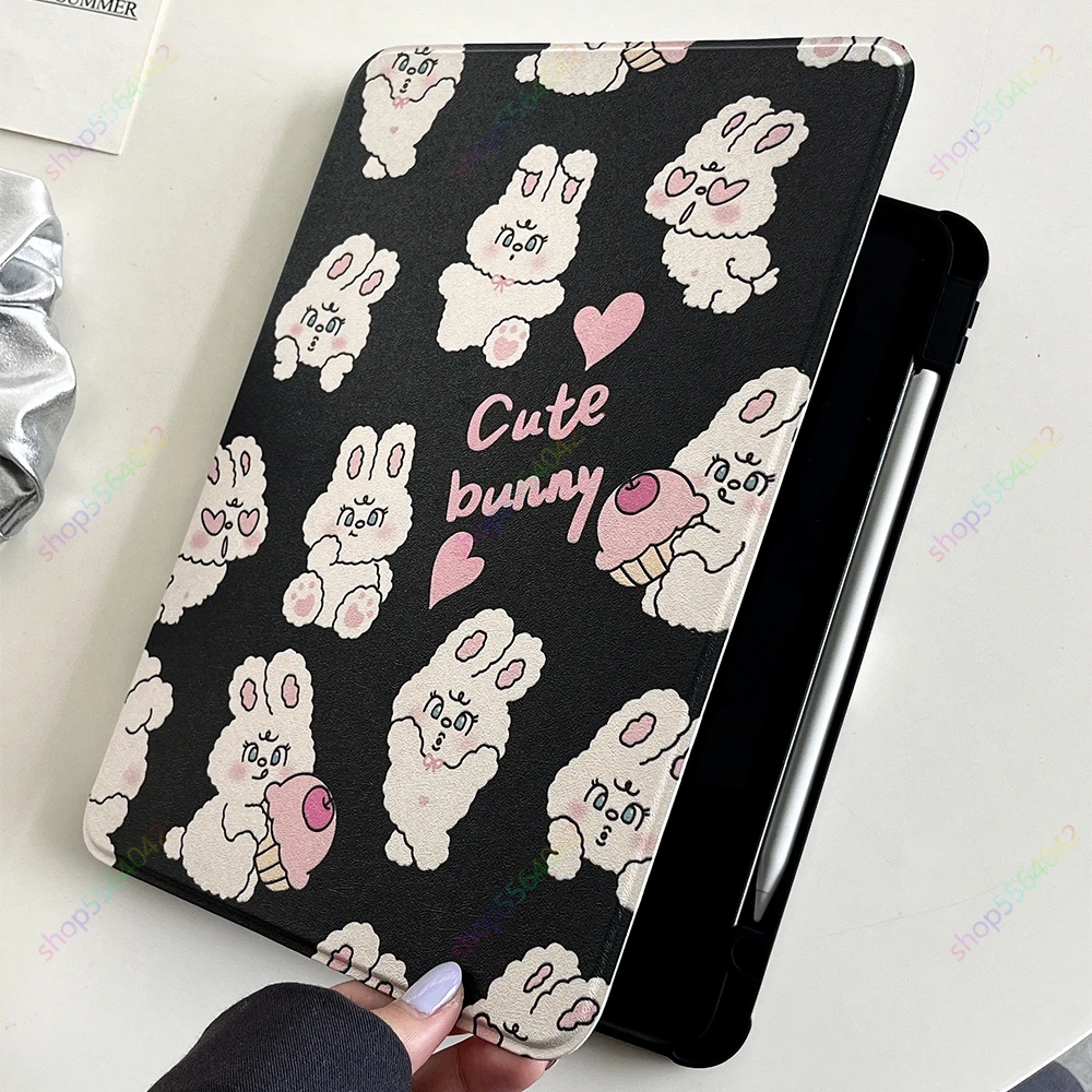 360 Rotation Cartoon Rabbit Case for IPad 10.2/9.7/10.5/11 Inch Pro 12.9 13 Inch 2024 Air 5/4 10.9 10th Gen Pencil Holder Case