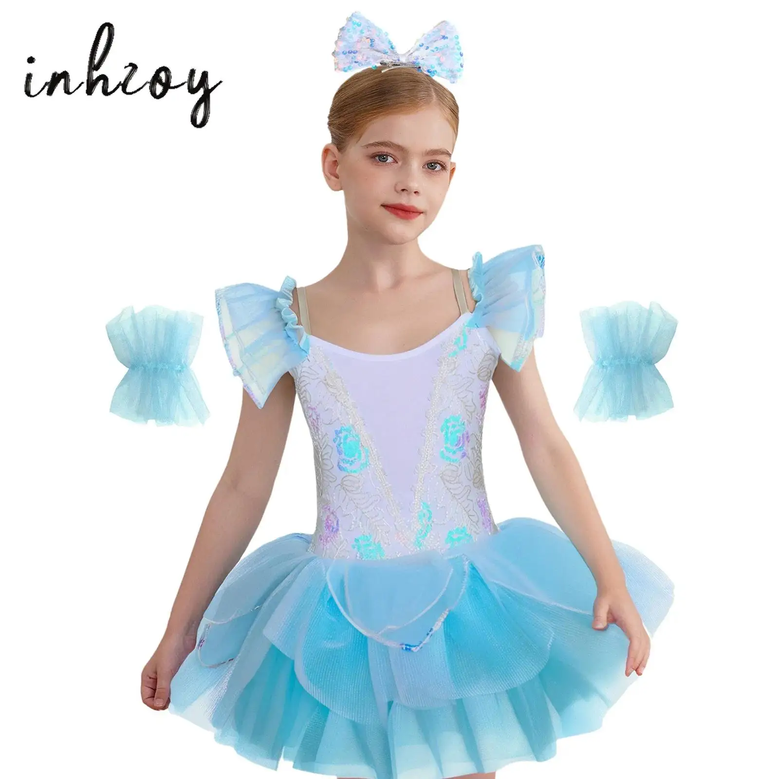 

Kids Girls Ballet Dance Dress Adjustable Shoulder Straps Ruffled Sleeves Sequin Embroidery Bodice Layered Tutu Dresses Dancewear