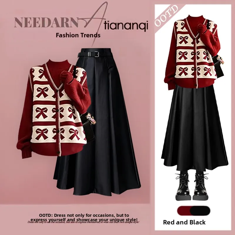 

Winter Aosphere Knitted Sweater And High Waist Skirt Set Women's New Year's Faion Ensemble Two-Piece Ensemble