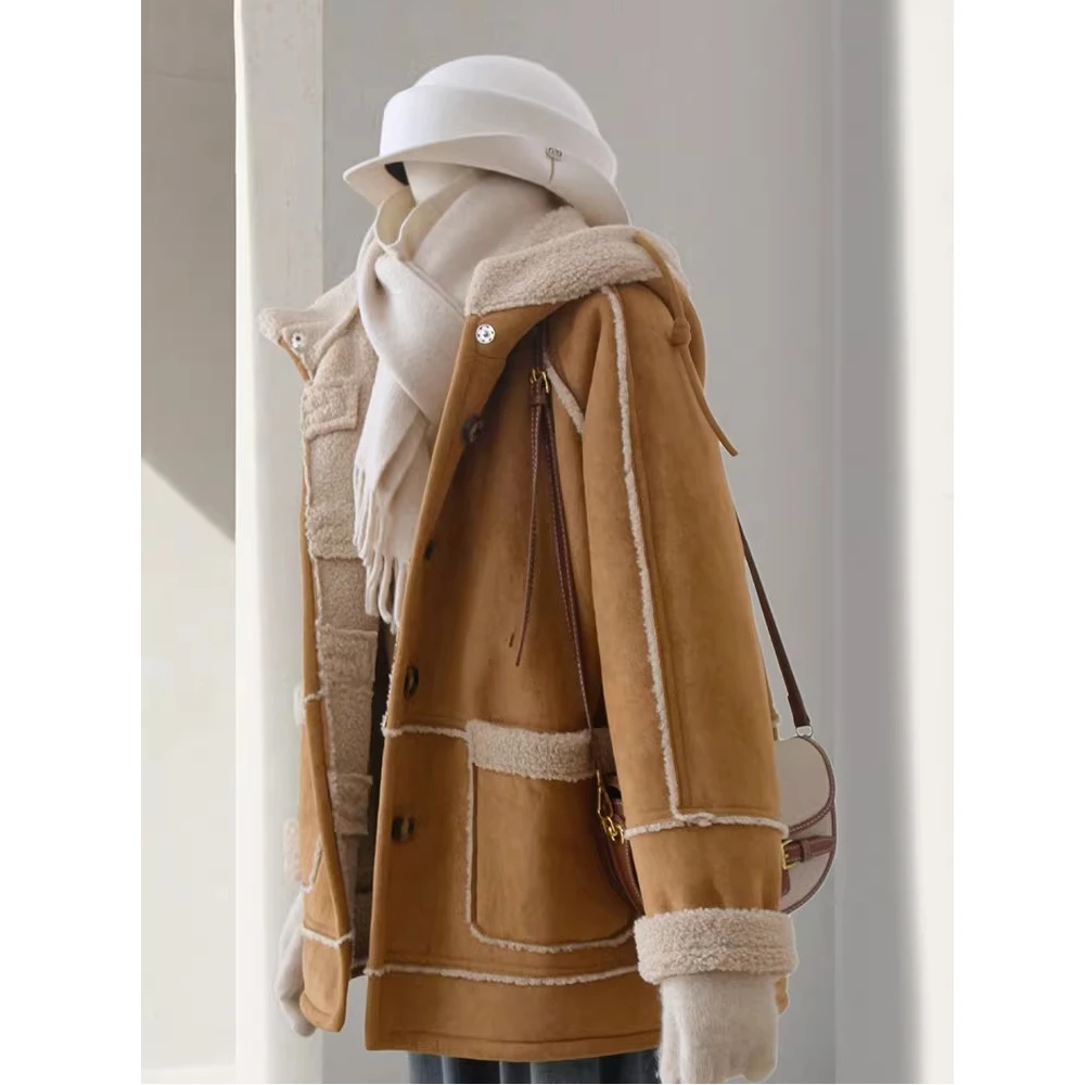 

Women's Winter Thickened Retro Stylish Hooded Kaki Color Lamb Fur Jacket Cool Style Loose Fit Inner Polyester Long Sleeve Zip...