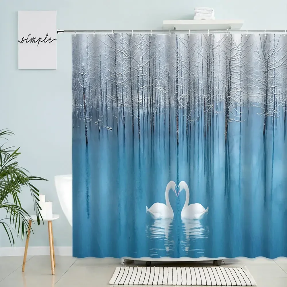 Swan Shower Curtain Nature Forest Tree Branch Snow Scenery Bathroom Couple Animal Lake Love Bathroom Waterproof Polyester Screen