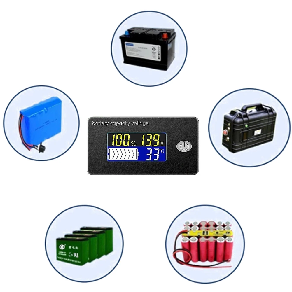 

Battery Capacity Indicator 12V 24V 36V 48V 60V 72V 10-100V Adjustable Li-ion Lead Acid Battery Tester LCD Temperature Voltmeter