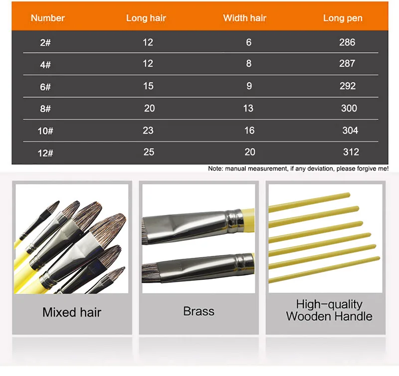 6pcs/Set, Weasel Hair Row of Pens Hazelnut Shape Paint Brush Acrylic Oil Painting Watercolor Professional Gouache Art Supplies