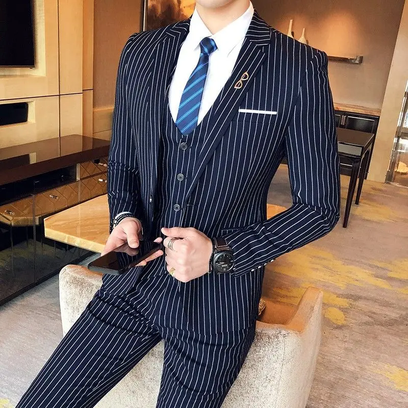 

Модный приталенный мужской пиджак в британском стиле с вертикальными полосками, повседневный, для осени, свадьбы, жениха, официальная одежда, блейзер