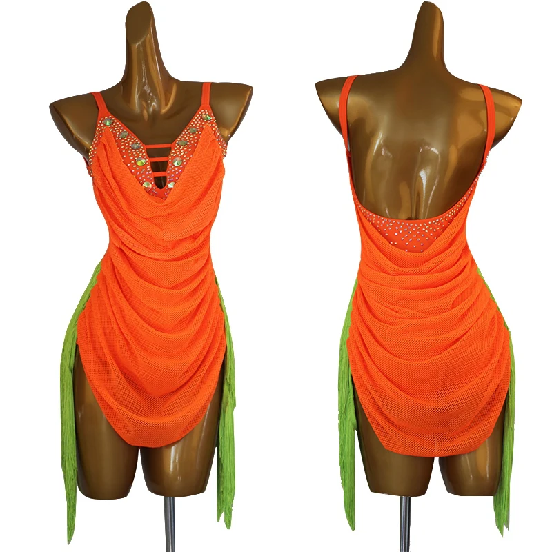 

High-End Latin Dance Competition Dress For Women Orange Sexy Backless Rhinestones Split Dress Chacha Adult Latin Wear DQL9245