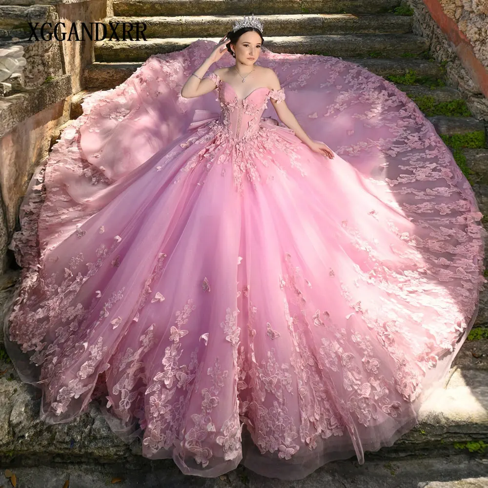 

Розовое платье Quinceanera по индивидуальному заказу 2026 бальное платье Vestidos De 15 Quinceañera Милая бабочка Sweet 16 День рождения Цветочные складки