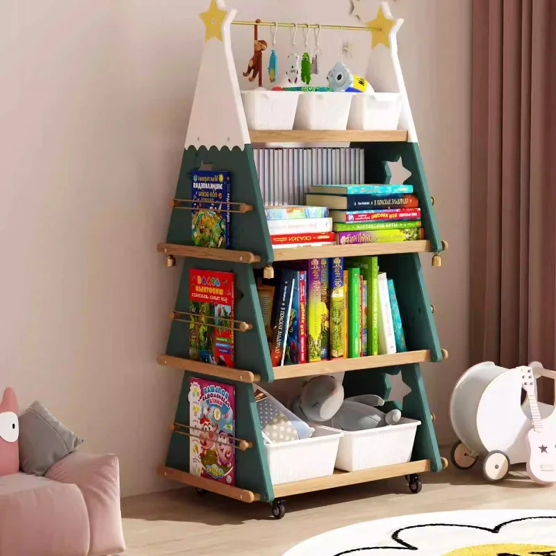 

Christmas tree mobile bookshelf with wheel creative floor multi-layer solid wood children's bookshelf storage picture book rack