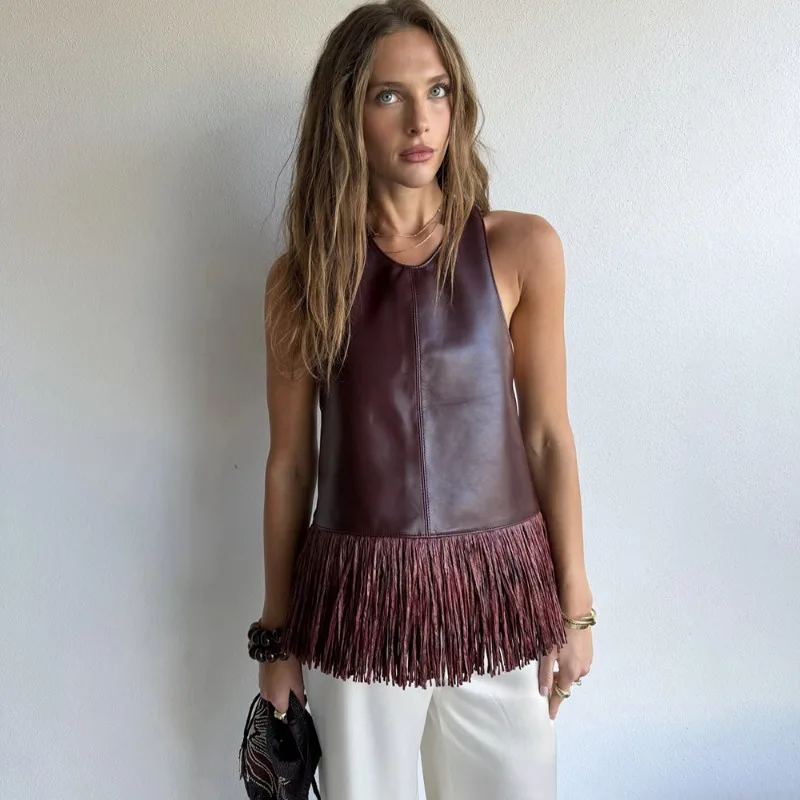 

Talenza Vintage PU Leather Vest Women's Summer Leather Fringe Sleeveless Backless Bodycon Vest Top Fashion Y2K Party Female Tops