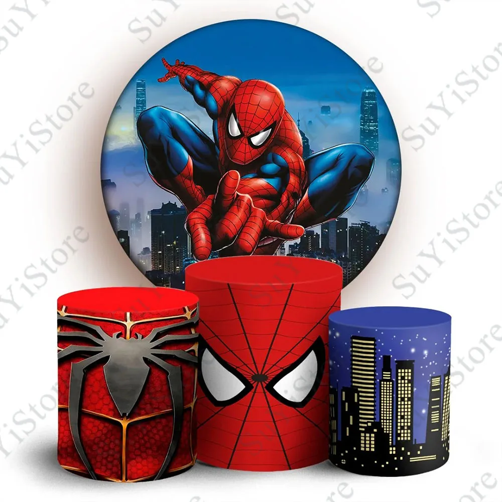 Superhero Spiderman Round Photography Backdrop Boys Birthday Friendly Neighborhood Circle Photo Background Plinth Covers