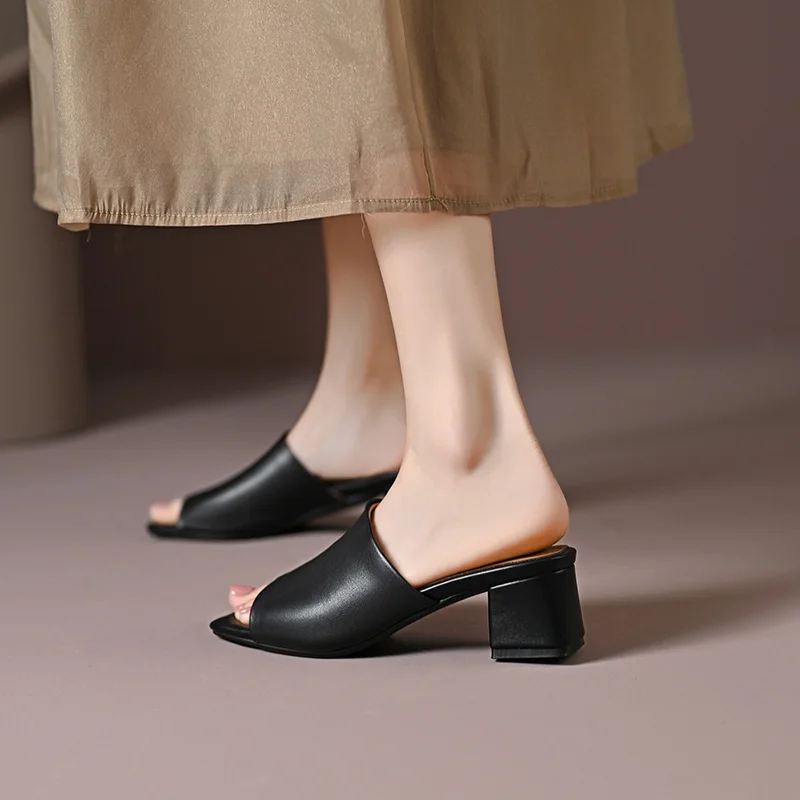 Genuine Leather Women Mules New Summer Black Apricot Chunky Heels Sexy Ladies Slipper Casual Peep Toe Plus Size 46 Party Shoes