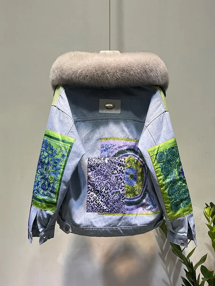 Fashion Lady Keep Warm Winter Long Sleeve Overcoat Down Coat Fox Fur Collar Patchwork Denim Printed Loose Jacket Short Outerwear