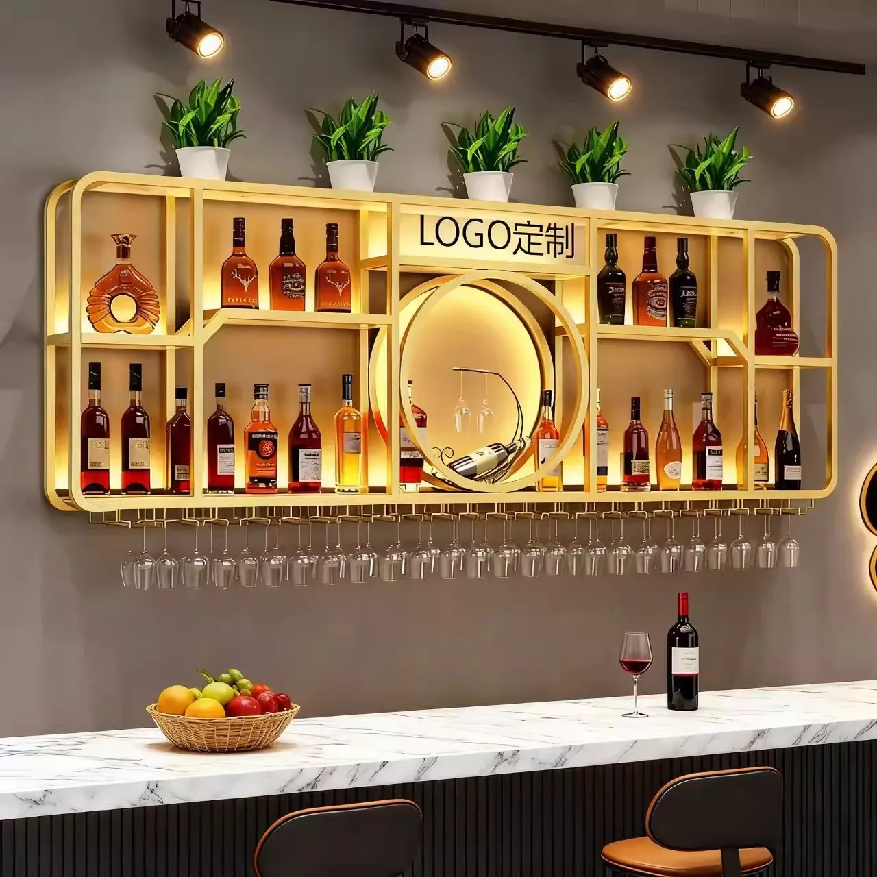 

#@Wall-Mounted Wrought Iron Wine Rack Holder with Panel Design Modern for Home Bar Restaurant Hotel Use