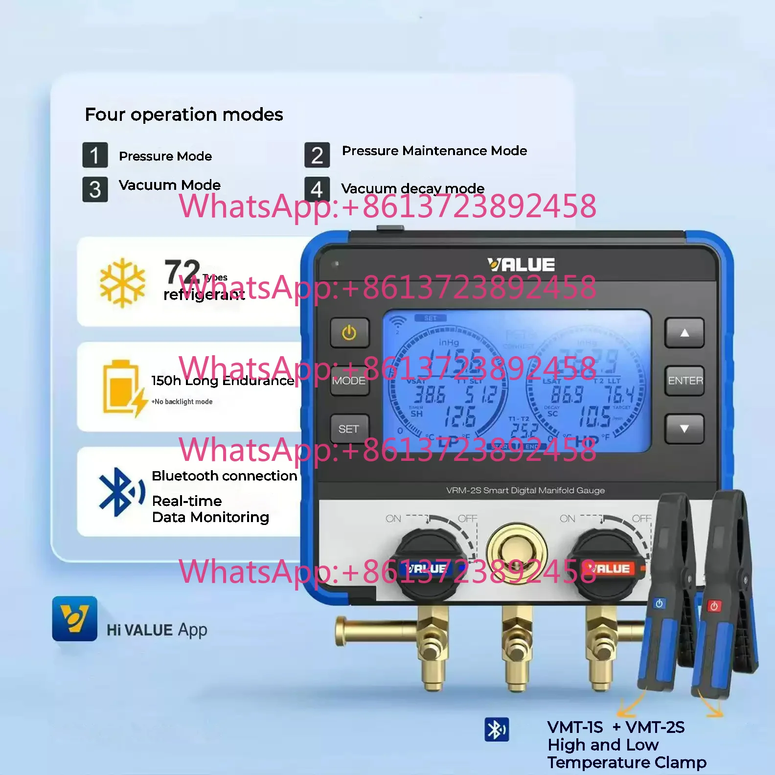 Digital Manifold Pressure Gauge  with 1.5m Rubber Hoses Multi-functional Refrigeration Pressure Gauge