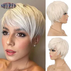 Short Pixie Cut Wig Wine Red Synthetic Wigs with Bang Dark Roots Ombre Wig for Women Daily Wear Heat Resistant Fake Hair