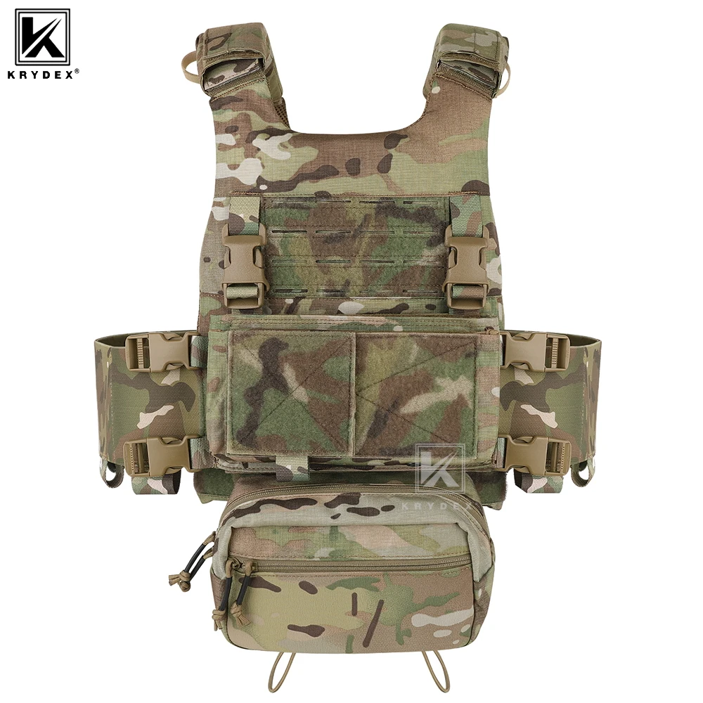 KRYDEX FCS Taktische Molle-Weste, Low-Vis Slick Plate Carrier mit elastischem Cummerbund, Magazintasche, Micro Fight MK3 Chassis Drop Pouch