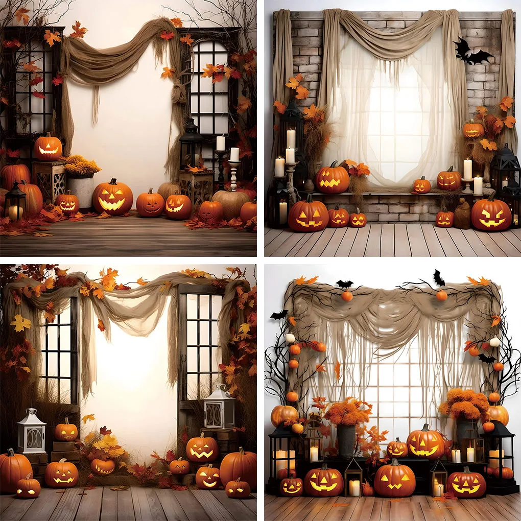 

Mehofond Halloween Boho Curtain Vintage Window Photography Backdrop Indoor Pumpkin Lantern For Family Portrait Background Props