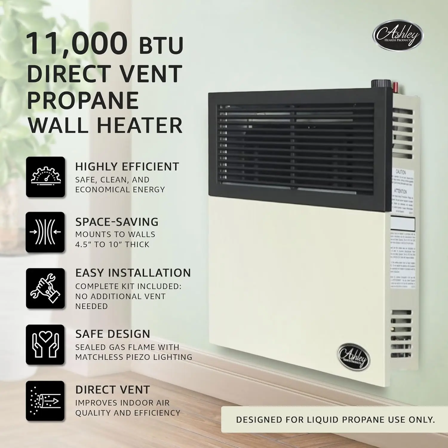 Calentador de propano para montar en la pared, dispositivo de ventilación directa de 11.000 BTU con iluminación piezoeléctrica, piloto de seguridad y regulador incorporado