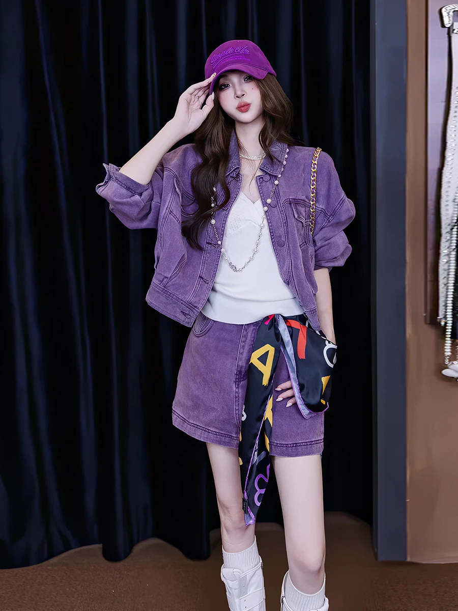 

Spring Autumn New Style Purple Fashionable Heavyweight Washed Embroidered Denim Short Coat High Waist Slim Fit Short Skirt Se...