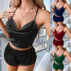 Womens Pajamas Sets Silk Satin Ruffled Cami Shorts Sleepwear Suits Ladies Grils Casual Comfy Soft Nightwear Home Wear Loungewear