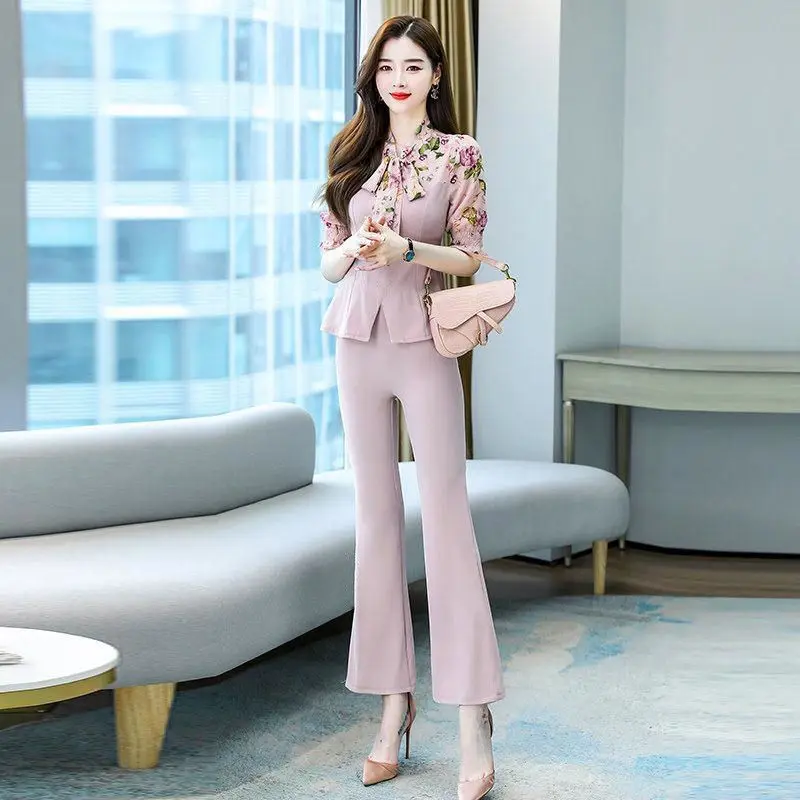 세련된 여성용 투피스 세트 여름 가을 플러스 사이즈 슬리밍 벨보텀 팬츠 여신 스타일 앙상블