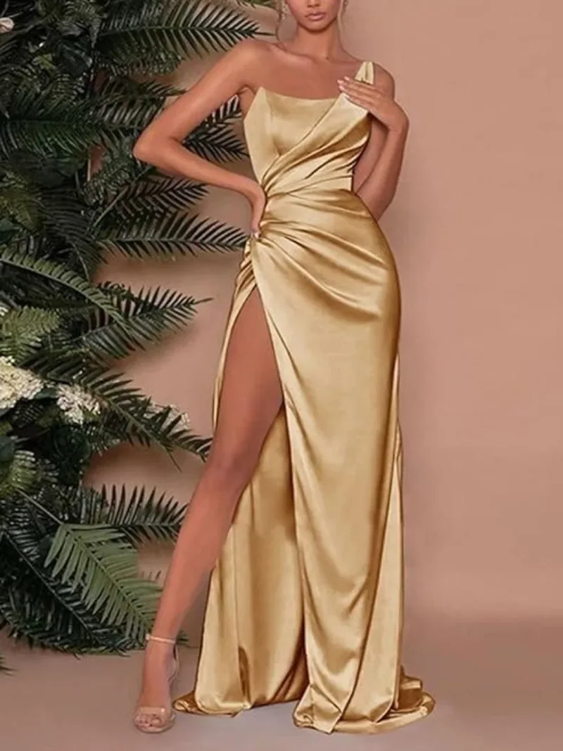 

Sweetheart Solid Color Satin Celebrity Dress Sexy Slim Waist High Split Vestido Fiesta Sexy One Shoulder Mermaid Evening Dresses