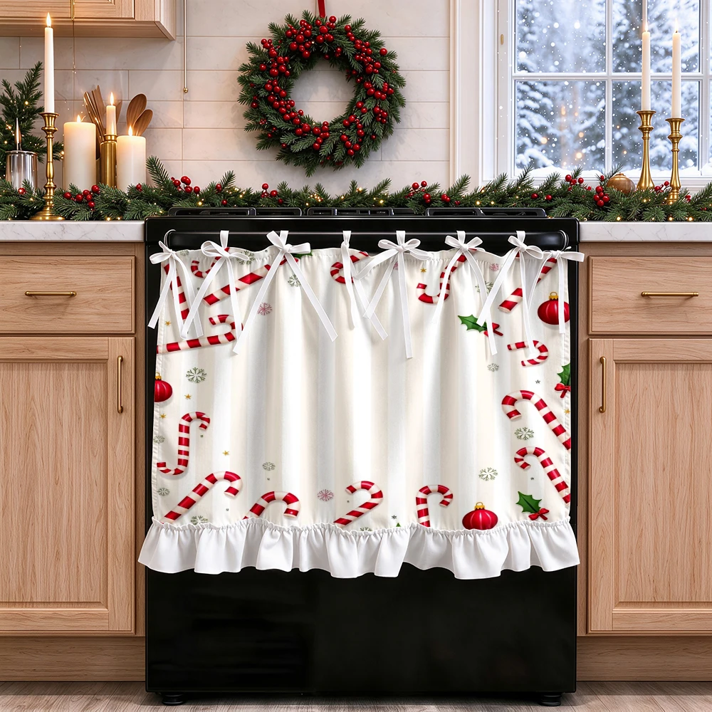 1PC lace up kitchen curtain, ruffled hem, 2D flat Candy Cane Holly pattern, cabinet cover curtain, Christmas home decoration