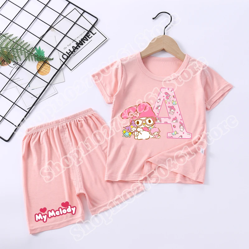 

Sanrio Melody детский пижамный комплект для девочек с рисунком буквы A-Z, летняя повседневная домашняя одежда, кавайный топ, шорты, костюм из двух предметов, подарки на день рождения