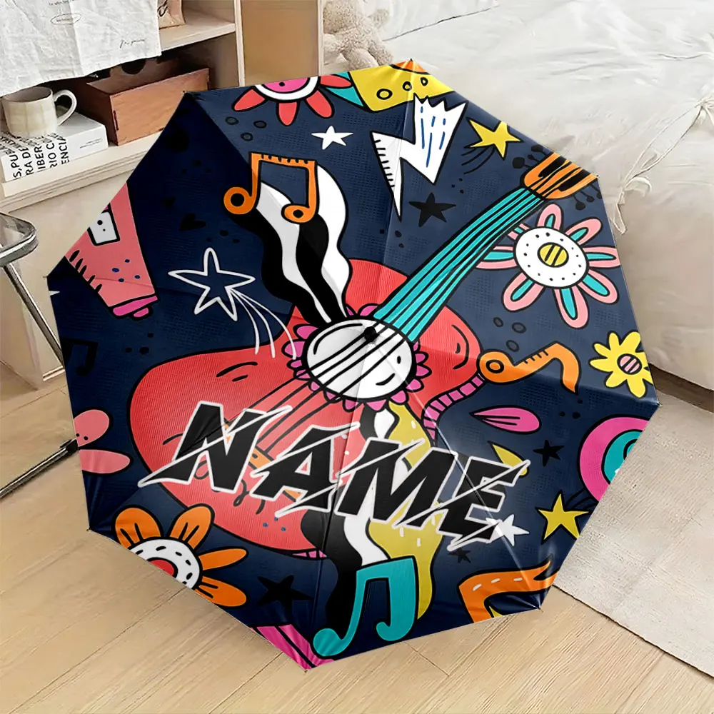 Custom Name Umbrella, Colorful Doodle Music Theme Print - Guitar, Flowers & Notes Pattern Folding Umbrella for Sunny and Rainy