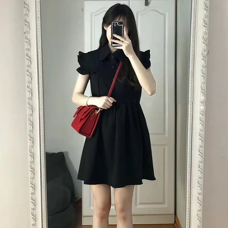 French Style Salt Style Fried Street Chic Skirt Black Dress Small Flying Sleeves Special-Interest Design Dress Summer One-Piece