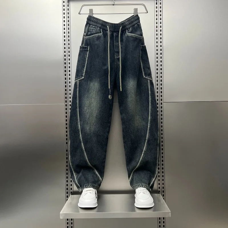 

Свободные прямые мужские джинсы, осень-зима, большой размер 250, с изогнутым ножом, молодежная повседневная удобная рабочая одежда из полиэстера
