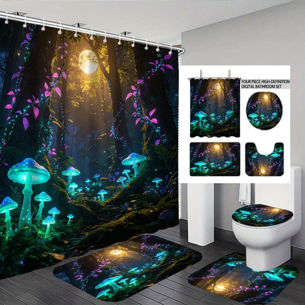 

4pcs Family Bathroom Set Shower Curtain Floor Mat Toilet Seat Mat and Bath Mat Magical Forest Print Bathroom Privacy Decoration