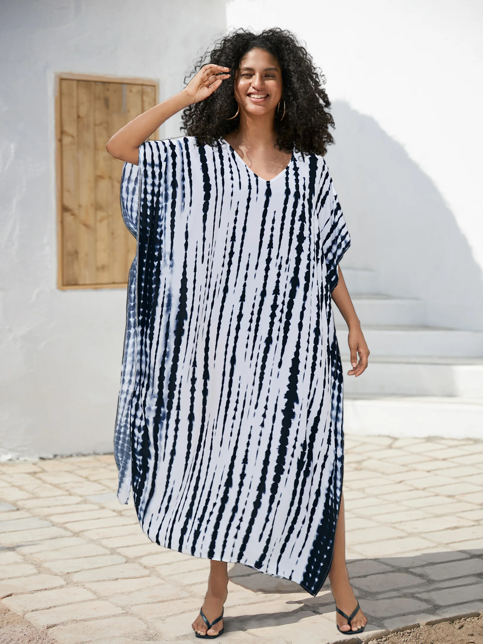 Casual Tie-dye Kaftan Robe Striped Printed V Neck Batwing Sleeve 2024 Summer Women Beach Wear Moo Moo Dresses Q1218