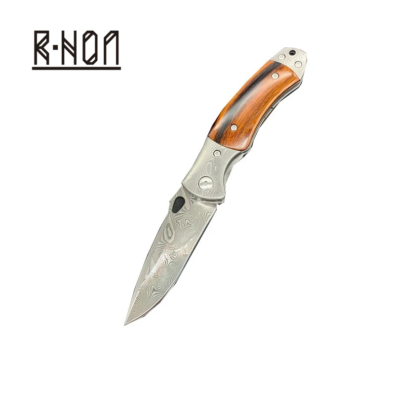 

RHON 3.14inch Premium Damascus Steel Folding Pocket Knife USA Iron Wooden Handle EDC Foldable Carry Knives with Leather Sheath