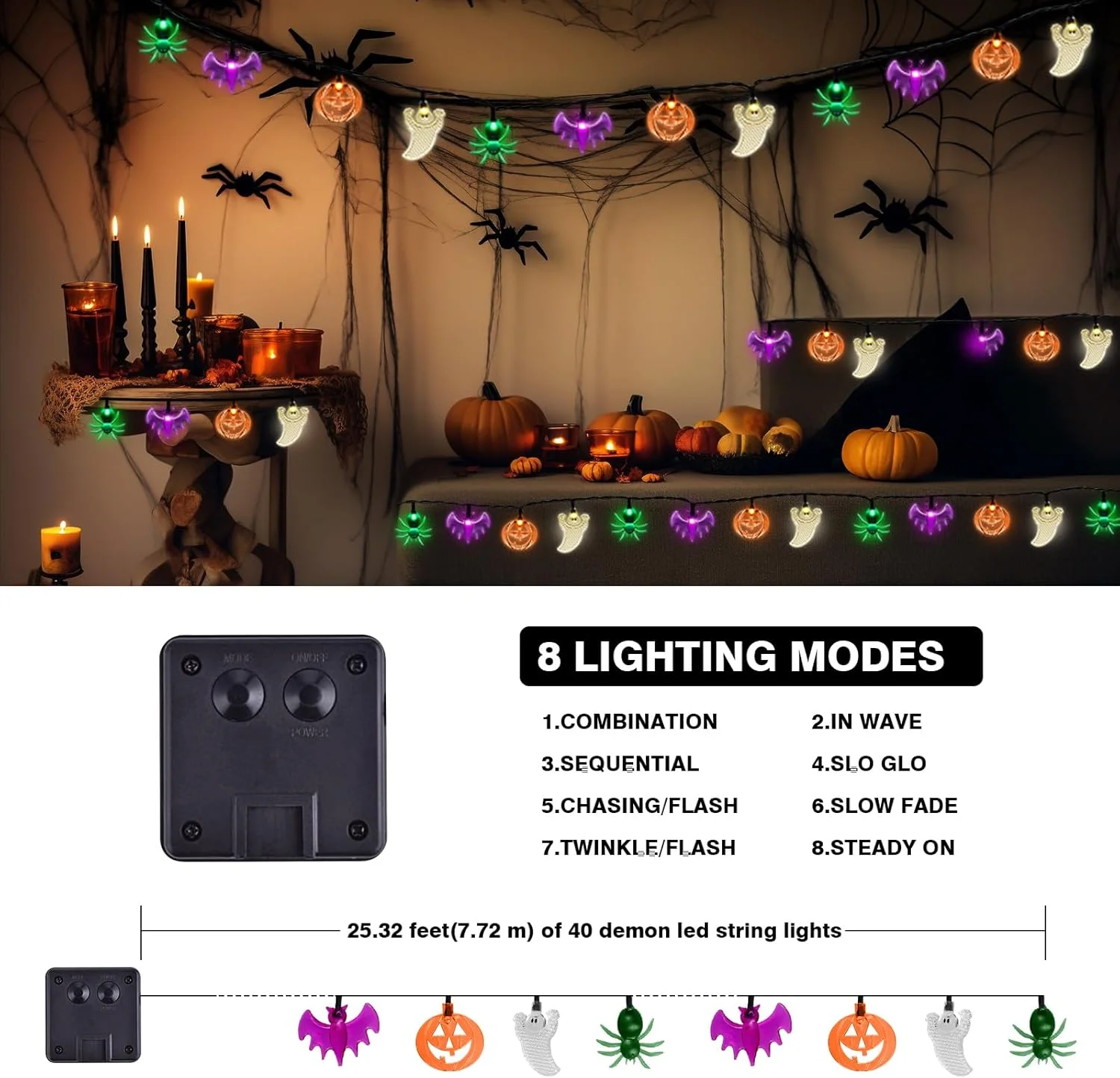 1PC 20/30 LED Halloween Pumpkin Bat Spider Solar Lights Outdoor Waterproof Lamp For Home Courtyard Lawn Party Garden Decoration