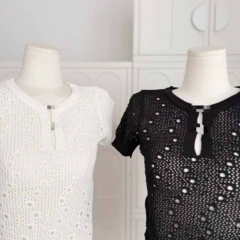 자수 속이 빈 니트 탑 슬림핏 스웨터 한국 패션 니트웨어 반소매 블랙 셔츠