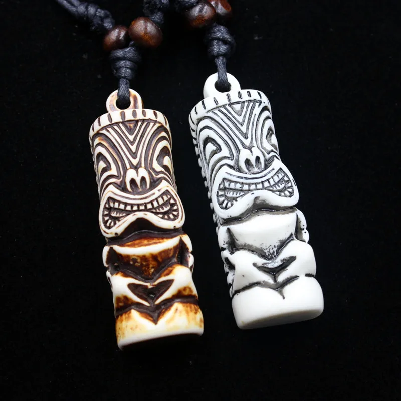 Tiki Totem Column Necklace (2 Colors) - Resin Carved Pendant, Adjustable Cord Unisex Tribal Jewelry