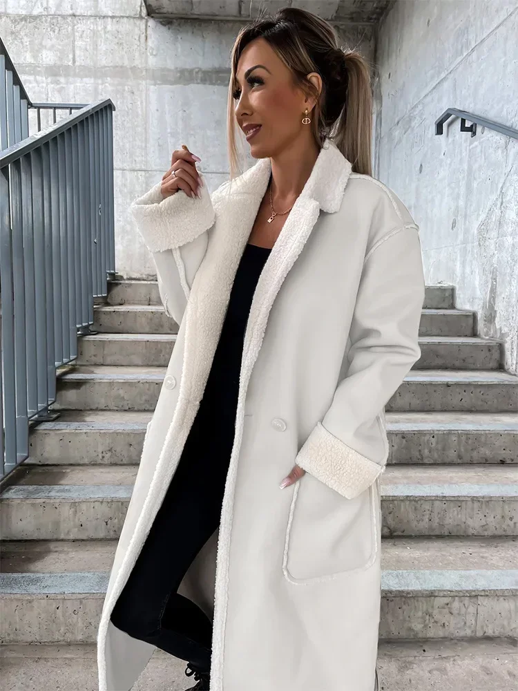 Women Faux Leather Turndown Collar Belt PU Overcoat 2023 Warm Loose Long Sleeve Female Jacket Cool Lady Elegant Pocket Coat