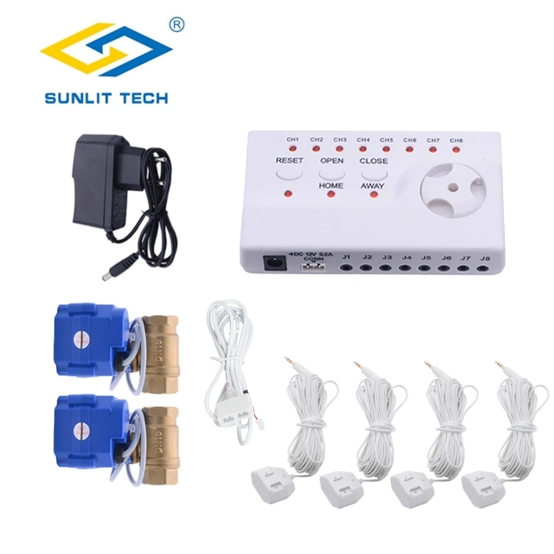 

Water Leakage Detector Alarm System with DN15 or DN20 Vavle Crane and 4pcs Water Leak Sensor Cable for 1/2" or 3/4" Water Pipe