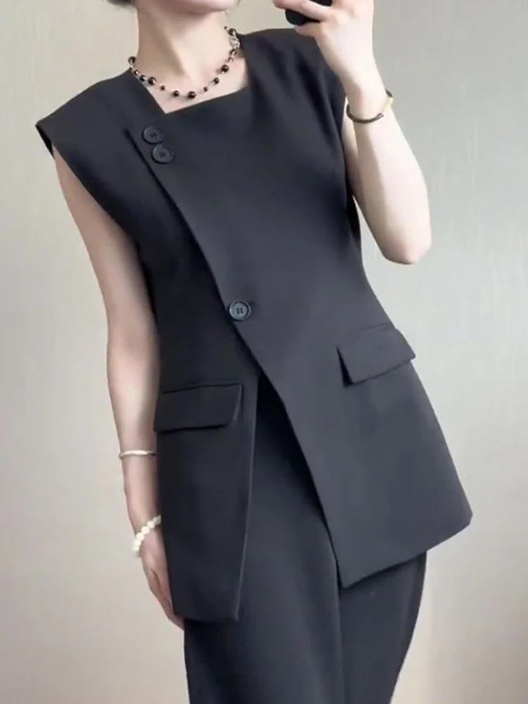Trendy Luxury  Black Suit Vest Summer Square Neck  Wide Shoulder Waistcoat Commuter Design Split Sleeveless Top Femininas Coats