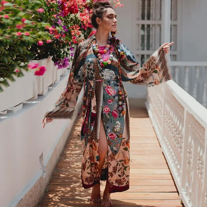 Novelty Print Floral Female Long Robe Kimono Cardigan Gown Fashion Beach Bikini Cover-Up Sexy Loose Casual Outwear Home Dress