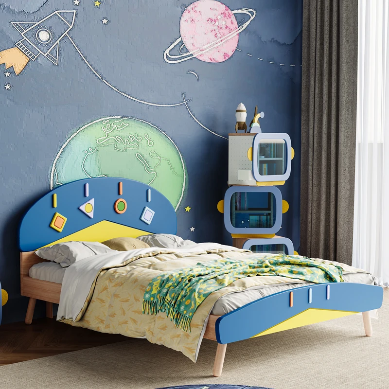 Cama de espacio de madera maciza de dibujos animados para niños, Cama grande individual para habitación de niños, dormitorio de haya empalmado