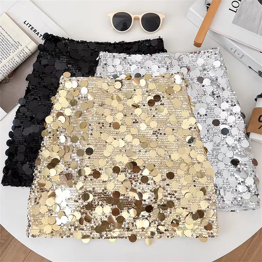 Gowyimmes New Spring Summer Women Sequined Skirt Fashion Hot Girl High Waist Sparkly A-line Shorts Skirts Mini Bottmings PD1851