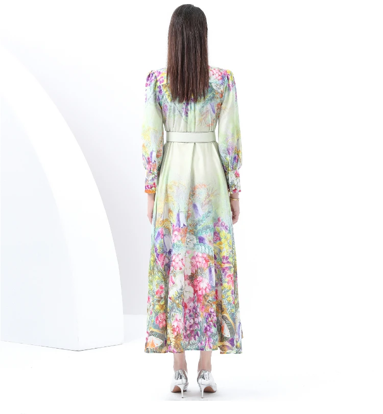 ZAROY Abito lungo con stampa floreale Abbigliamento da vacanza per donna Manica lunga Colletto alla coreana Cintura Abito lungo a trapezio Abiti di lusso Abiti